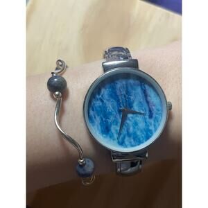 Blue Abstract Dial Watch + Bead Bracelet Set New Battery Olivia Pratt Style